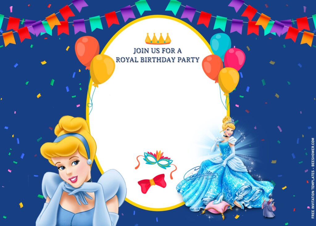 11+ Sparkling Cinderella Birthday Invitation Templates For Your Kid's Birthday with colorful confetti and garland