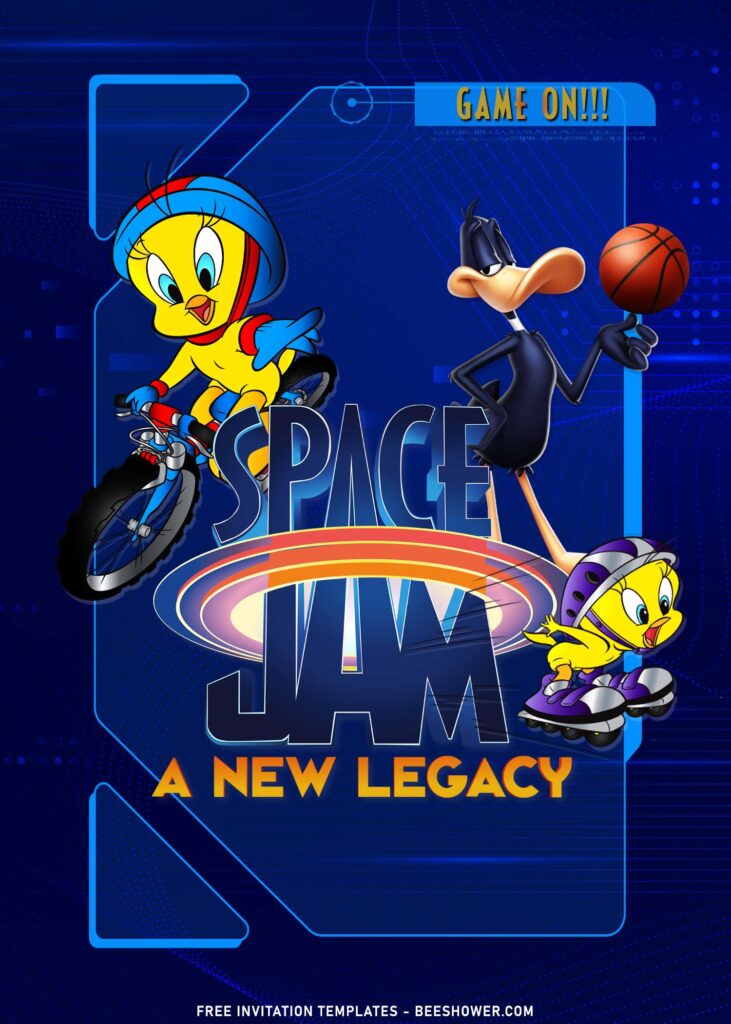 9+ Awesome Space Jam Birthday Invitation Templates For Kids Birthday with cute Tweety rides her bike