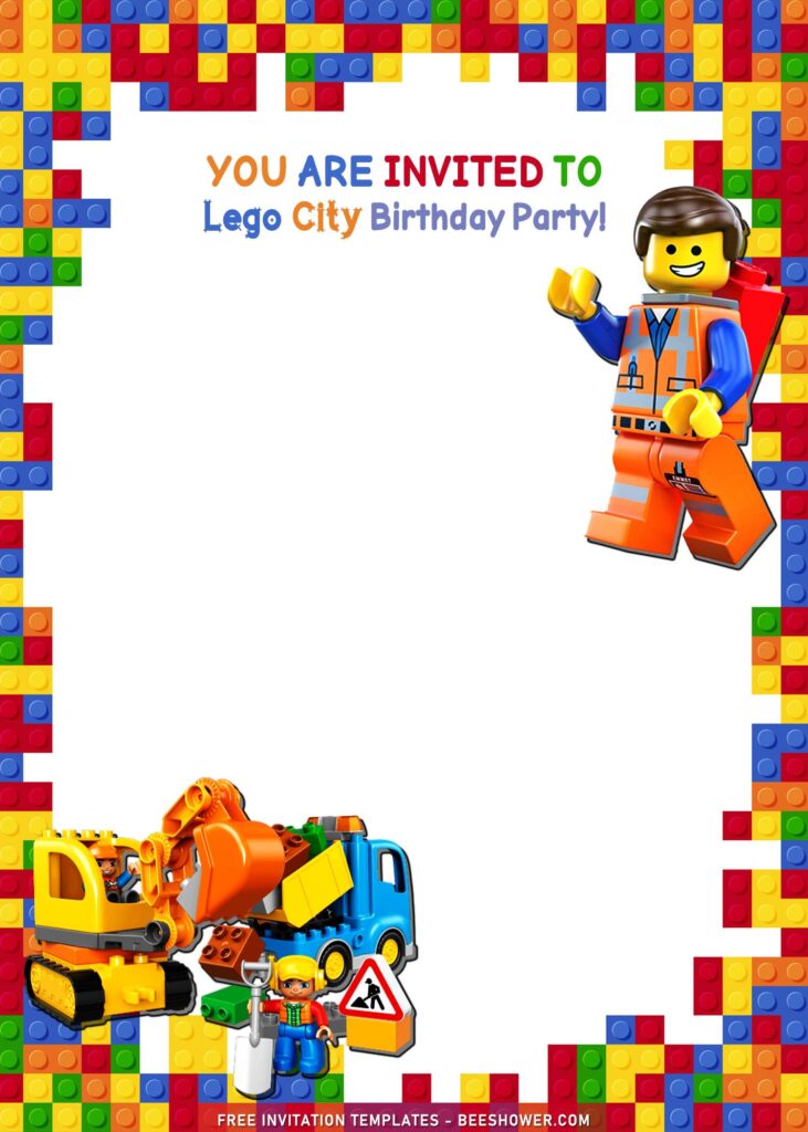 9+ Lego Birthday Invitation Templates For Kids Birthday Party with Lego Construction site toy
