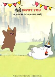 10+ We Bare Bears Birthday Invitation Templates with Grizzly and Ice Bear is wearing Birthday Hat