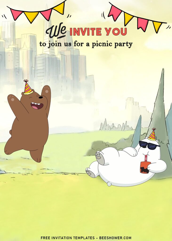 10+ We Bare Bears Birthday Invitation Templates with Grizzly and Ice Bear is wearing Birthday Hat