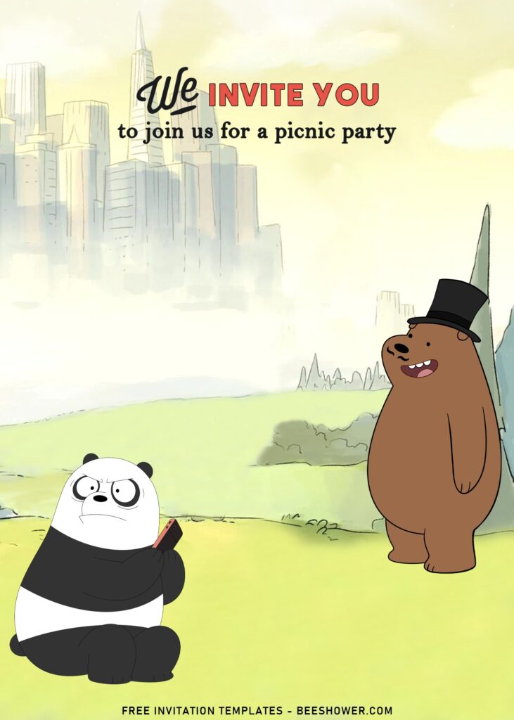10+ We Bare Bears Birthday Invitation Templates with Grizzly is wearing black hat