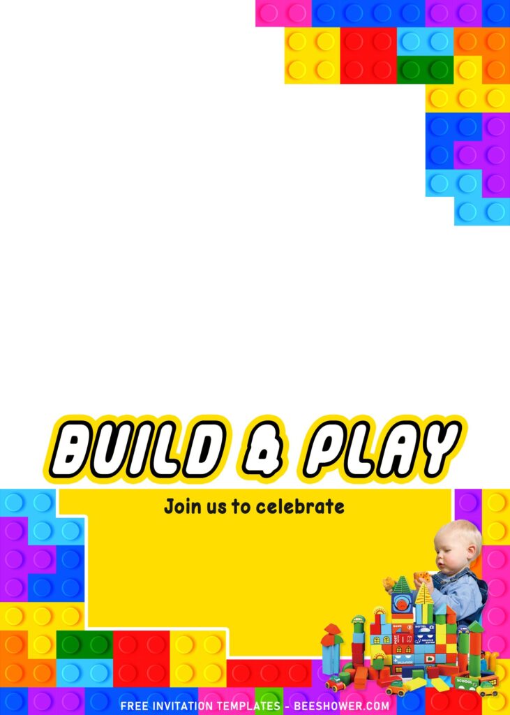 11+ Fun Building Blocks Party Birthday Invitation Templates with cute little baby playing building block toys