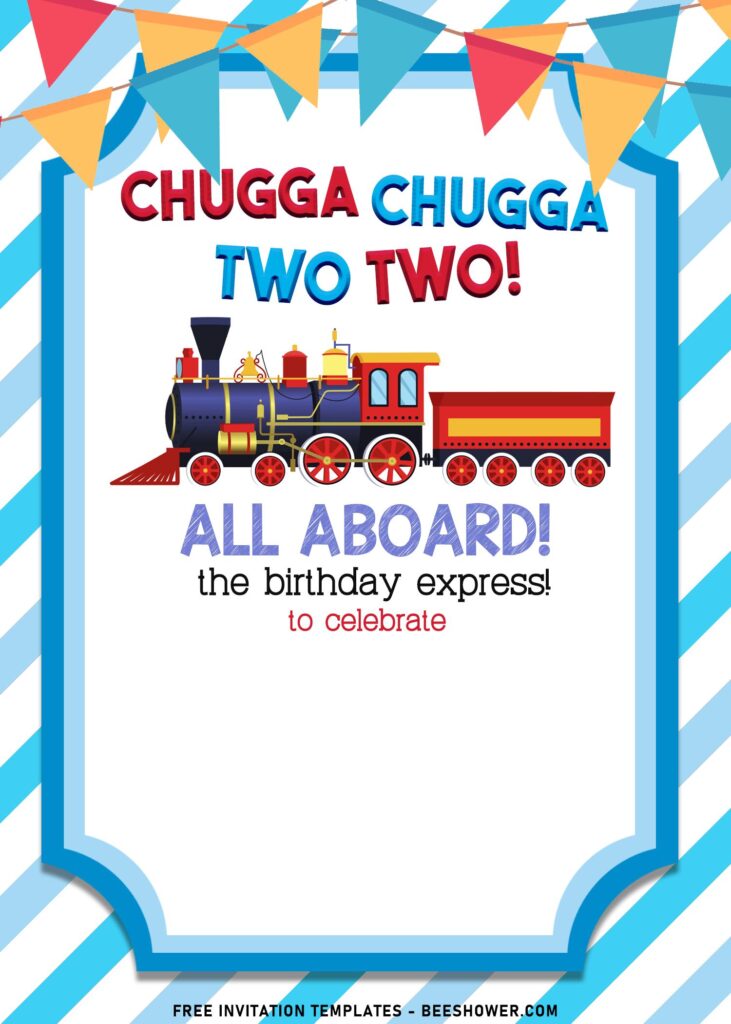 7+ Choo Choo Train Baby Shower Invitation Templates with white and blue stripe background