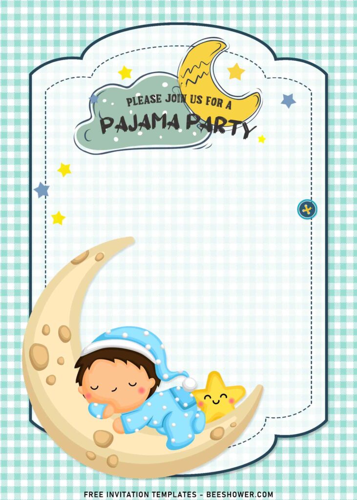 7+ Pajama Party Birthday Invitation Templates with cute baby is sleeping in pajama on a moon