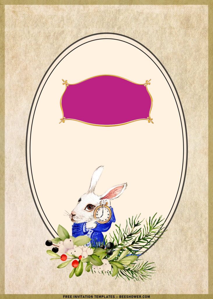 7+ Vintage Alice In Wonderland Birthday Invitation Templates with white rabbit in flower wreath