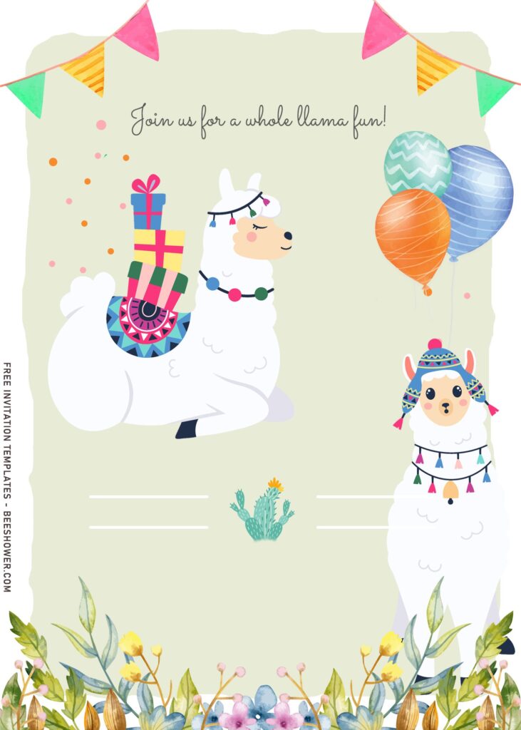 8+ Whole Llama Fun Baby Shower Invitation Templates with adorable Llama and birthday gift boxes on her back