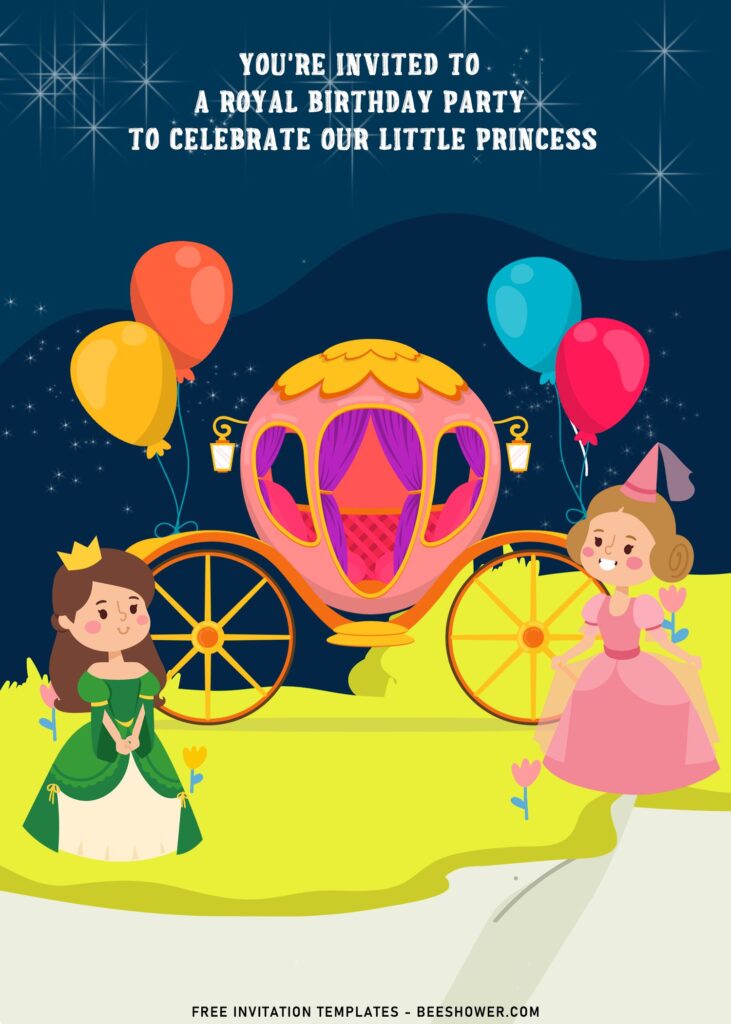 9+ Adorable Royal Princess And Carriage Birthday Invitation Templates with colorful balloon