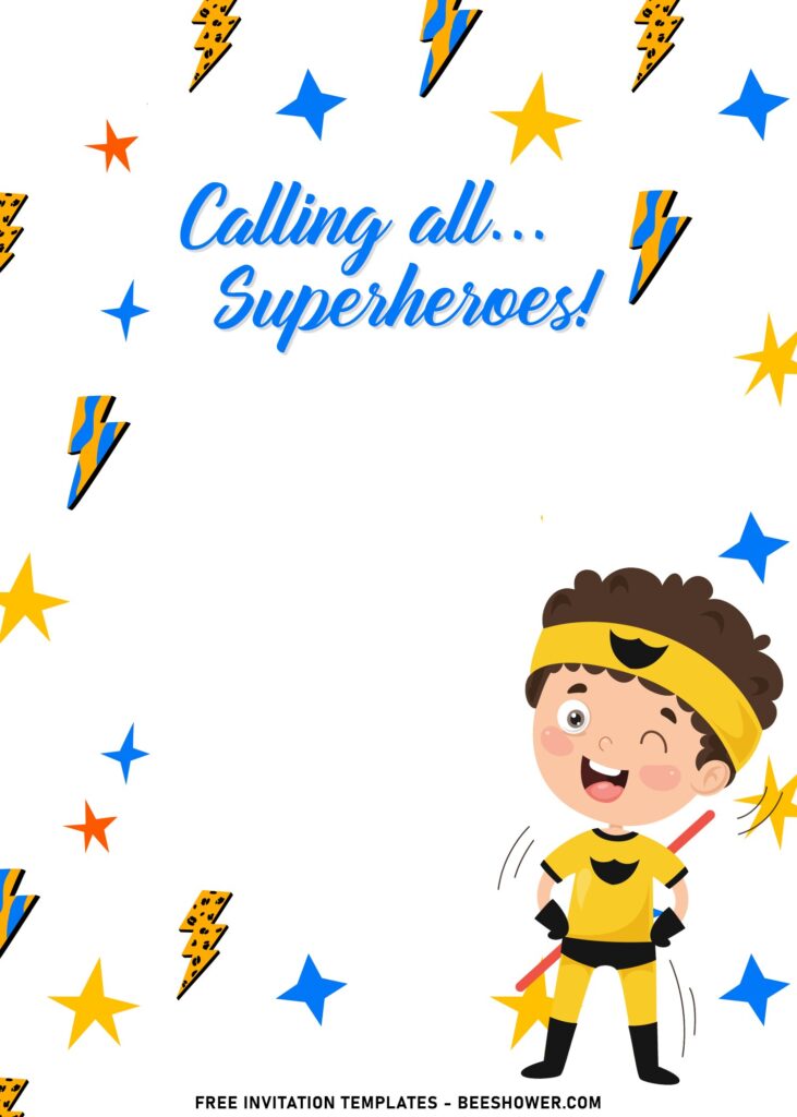 7+ Lovely Cute Cartoon Superhero Boys Birthday Invitation Templates with solid white background and portrait design