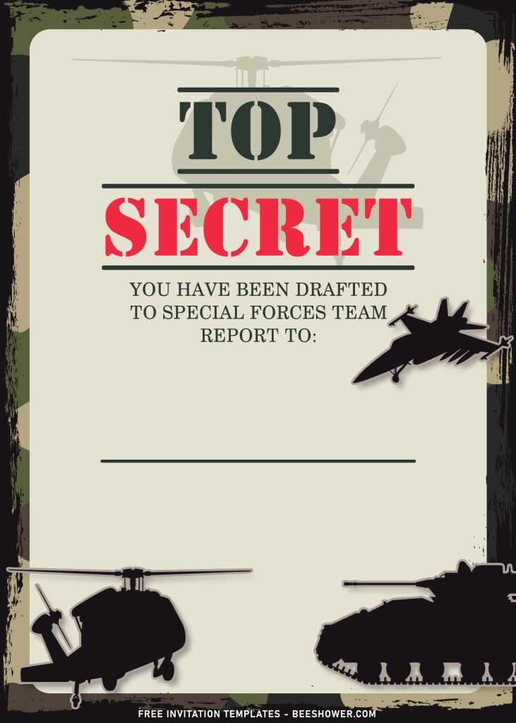 9+ Top Secret Birthday Bootcamp Army Themed Party Invitation Templates with fighter jet