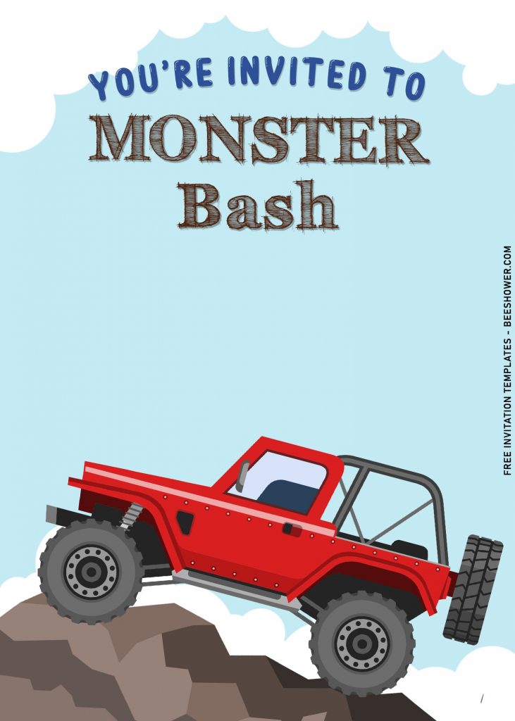 7+ Cute Monster Bash Boy Birthday Party Invitation Templates with adorable red jeep