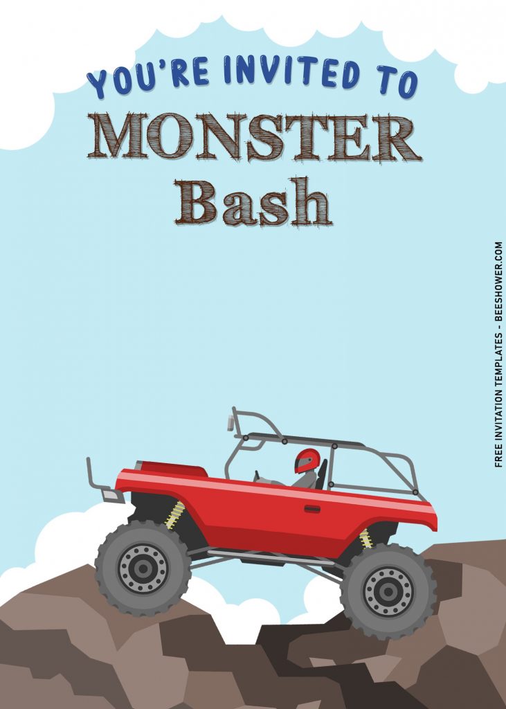 7+ Cute Monster Bash Boy Birthday Party Invitation Templates with cartoon red buggy
