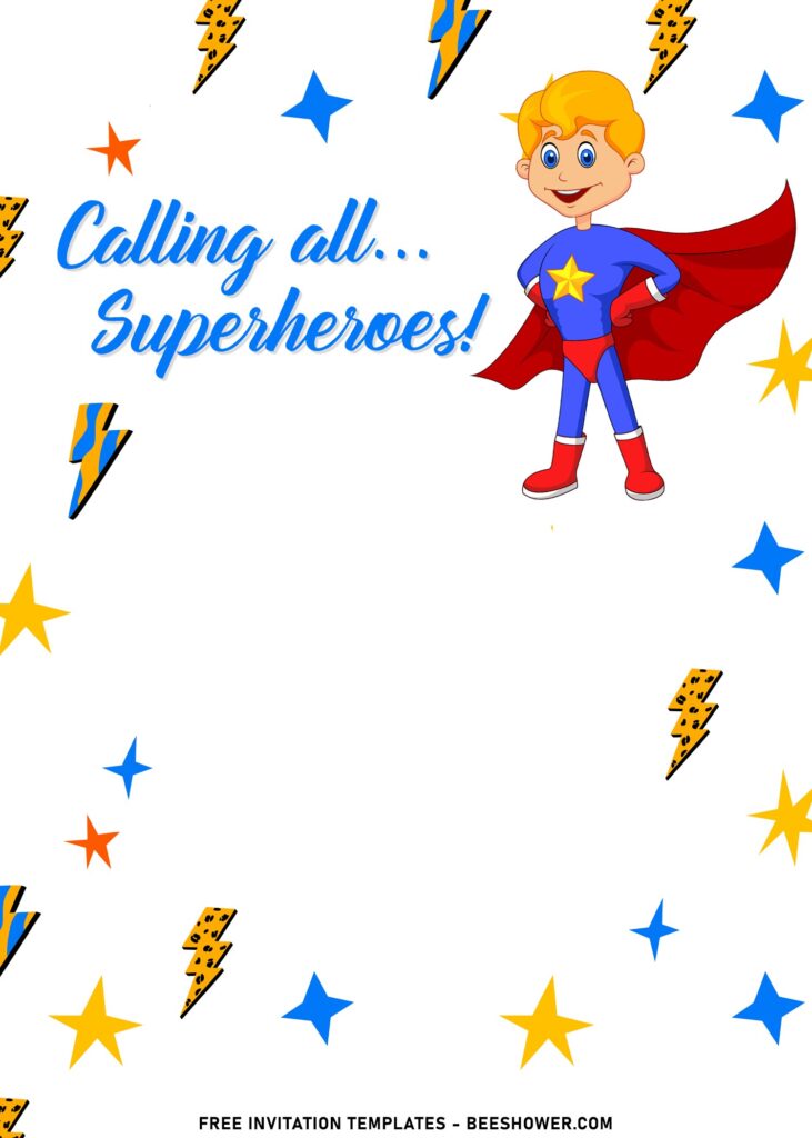 7+ Lovely Cute Cartoon Superhero Boys Birthday Invitation Templates with colorful lightning bolts