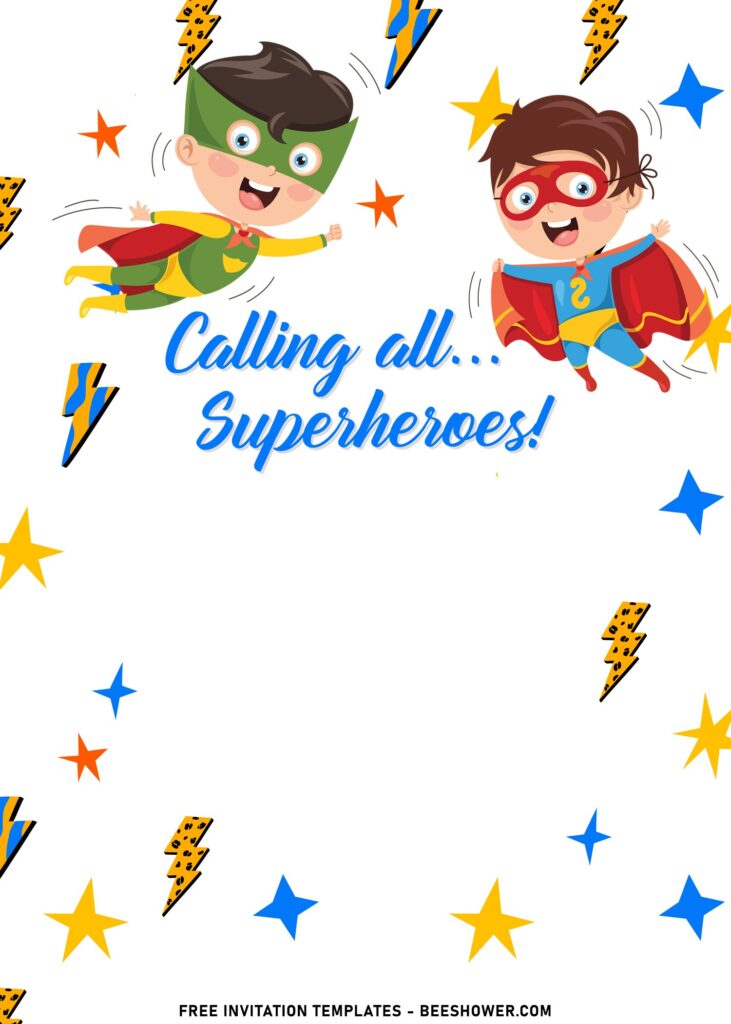 7+ Lovely Cute Cartoon Superhero Boys Birthday Invitation Templates with cute kids are dressing in Green Lantern and Superman suit