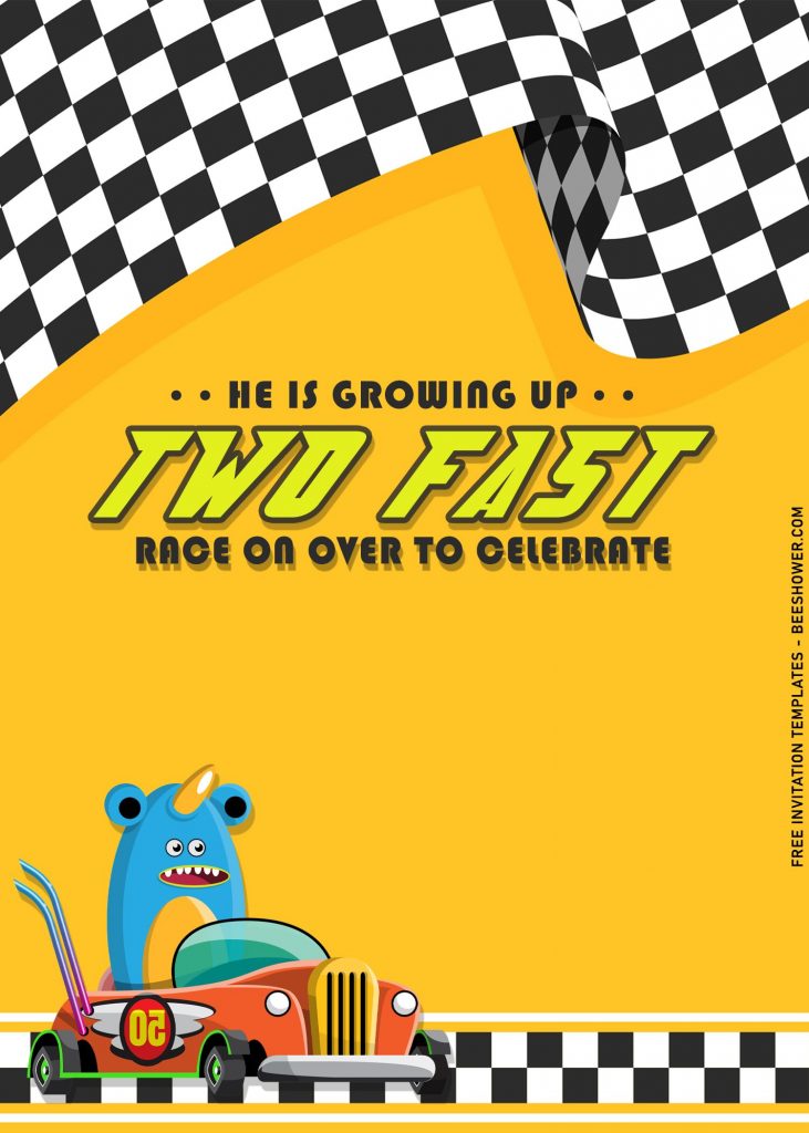 9+ Two Fast Vintage Race Car Birthday Invitation Templates For Boys with cute little monster is riding his race car