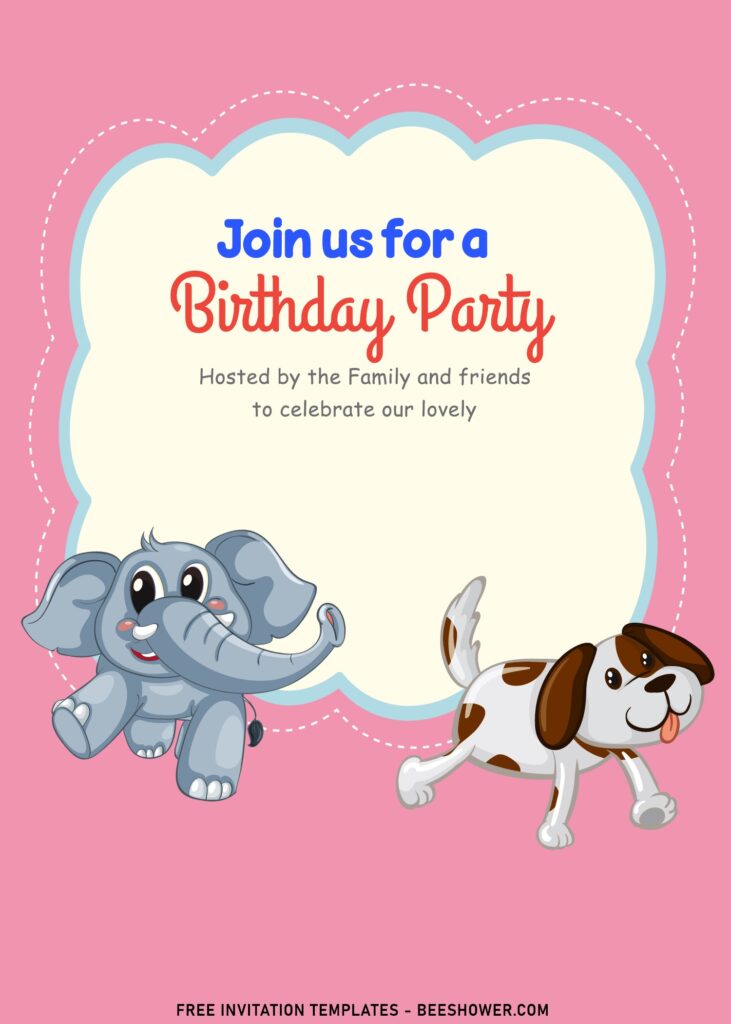10+ Lovely Adorable Toys Kids Birthday Invitation Templates with cute elephant and dog stuffed animals