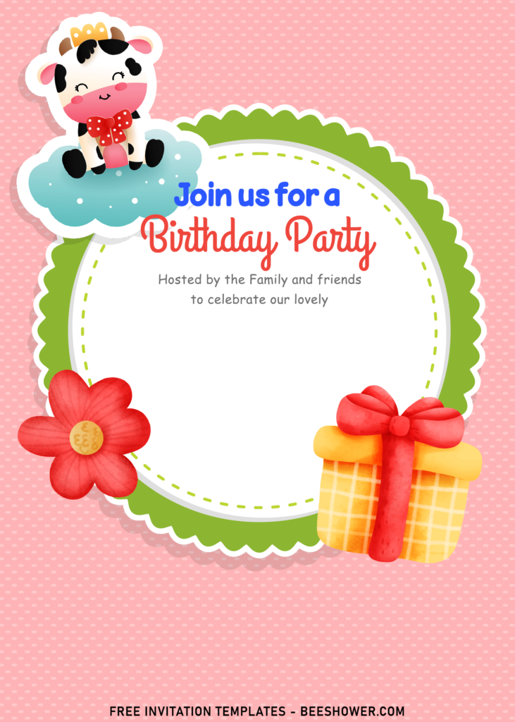10+ Cute Pink Moo Moo Cow Birthday Invitation Templates with birthday gift box