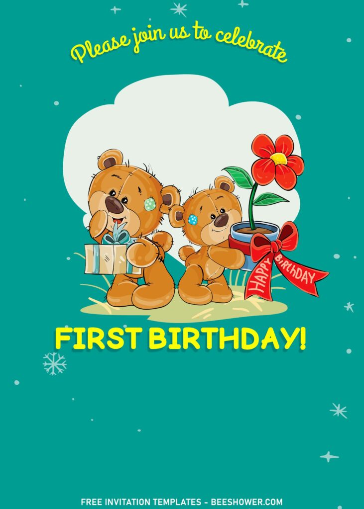 10+ Teddy Bear Cartoon Cute And Simple Birthday Invitation Templates with adorable watercolor teddy bears