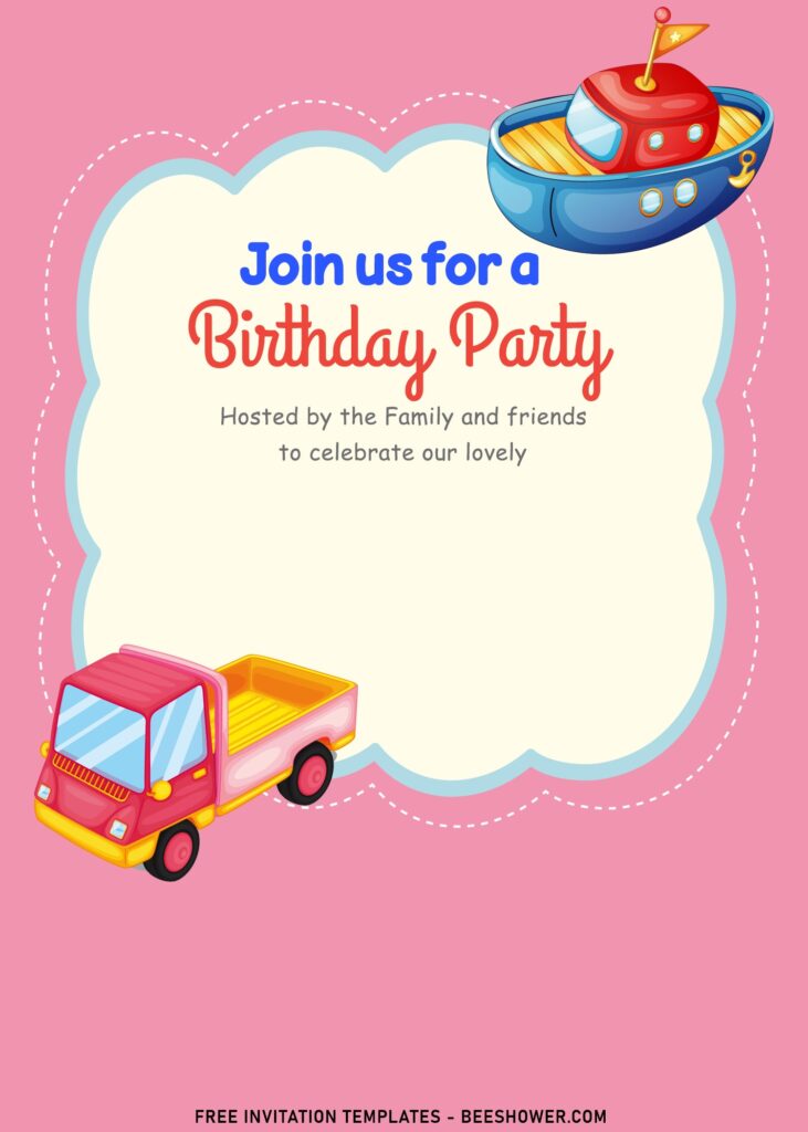 10+ Lovely Adorable Toys Kids Birthday Invitation Templates with cute pickup van
