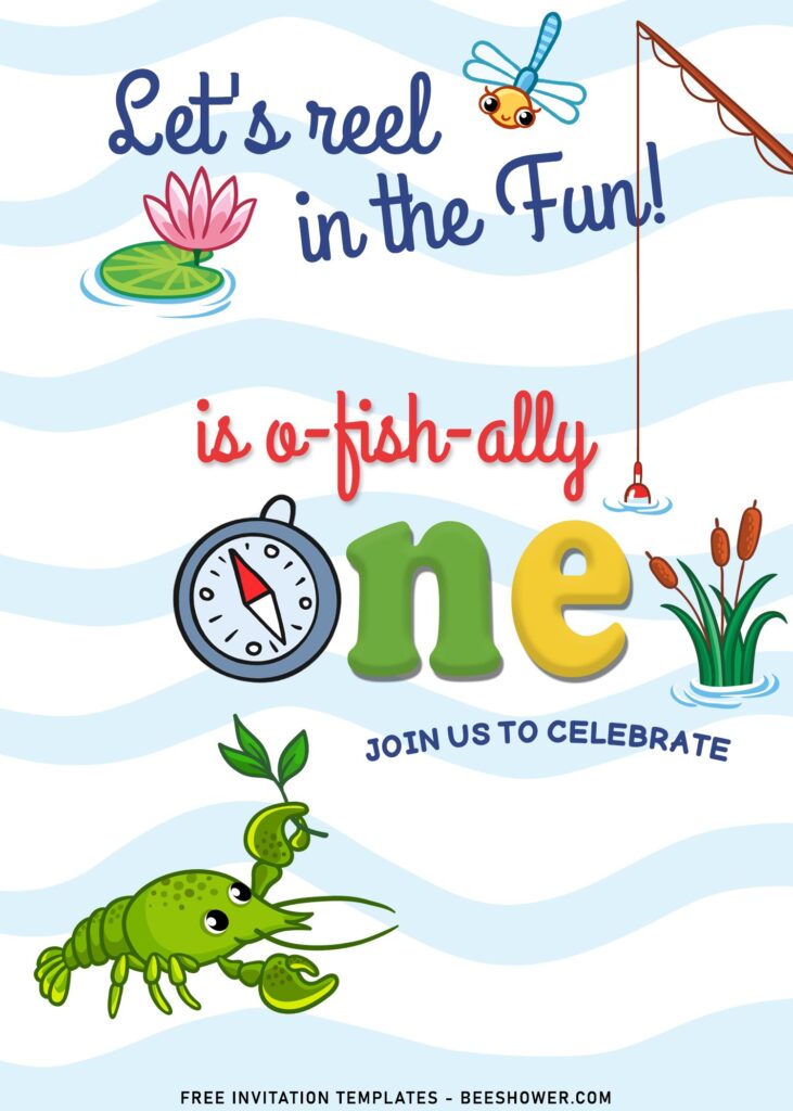 10+ Funny Fishing Themed Birthday Invitation Templates For All Ages with cute cartoon drawing of shrimp