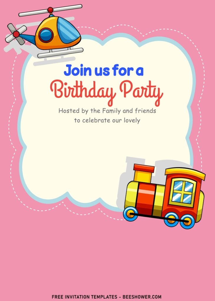 10+ Lovely Adorable Toys Kids Birthday Invitation Templates with cute train and cloud shaped text box