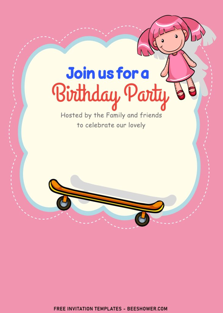 10+ Lovely Adorable Toys Kids Birthday Invitation Templates with cute skateboard and doll