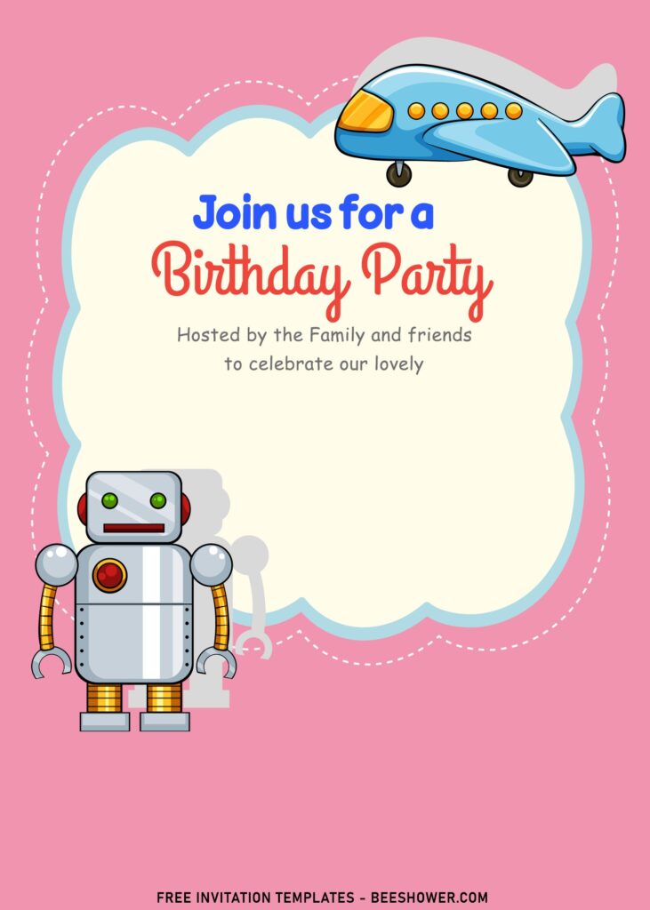 10+ Lovely Adorable Toys Kids Birthday Invitation Templates with cute robot and pink background