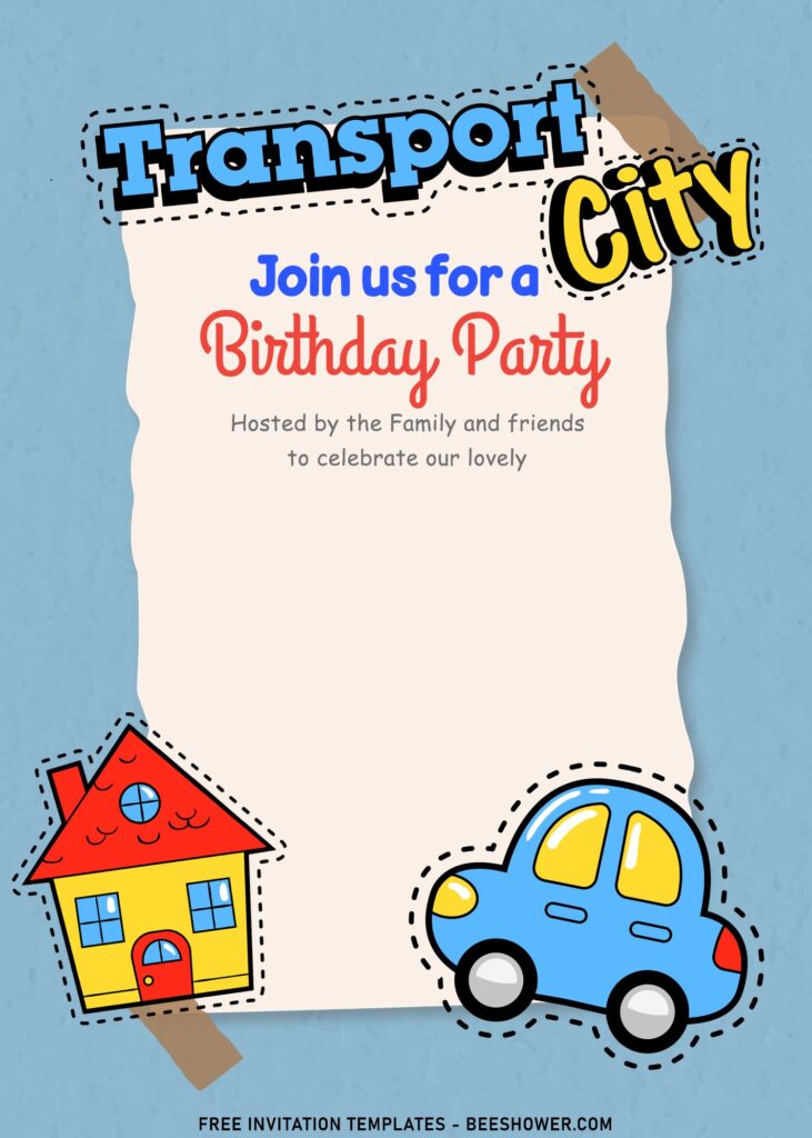 11+ Retro Transportation Themed Joint Birthday Invitation Templates with cute tiny blue car