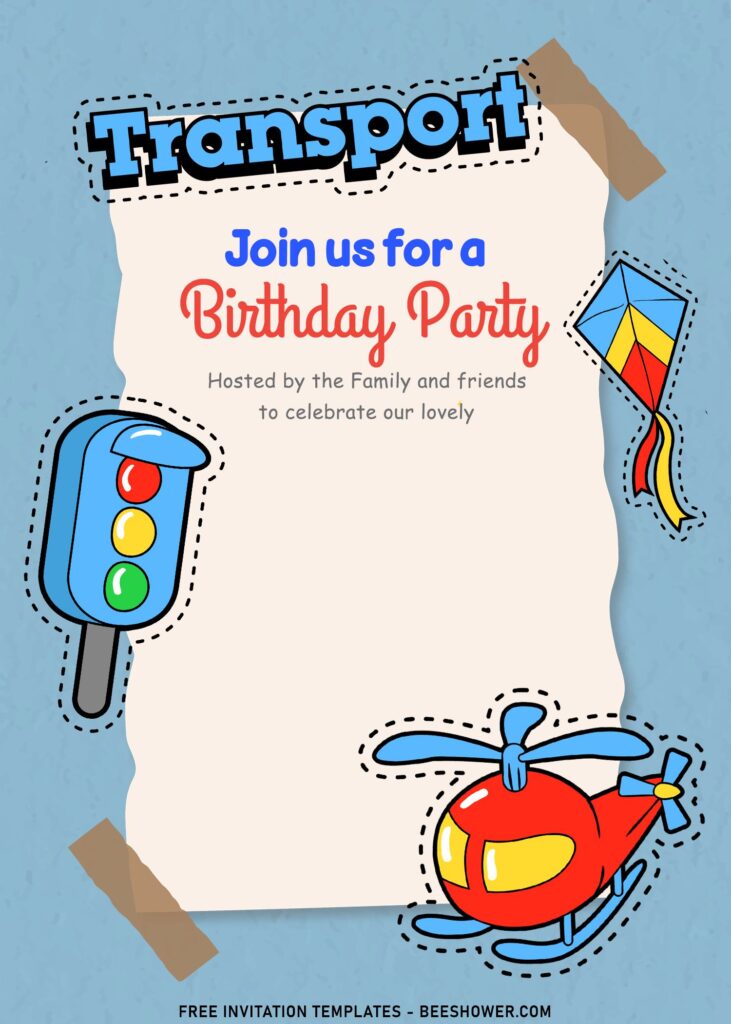 11+ Retro Transportation Themed Joint Birthday Invitation Templates with adorable traffic light and kite