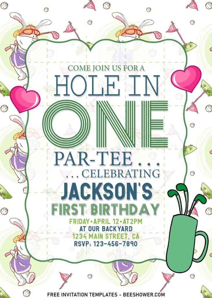 9+ Cute Golf Par-Tee First Birthday Invitation Templates with adorable bunny is playing golf