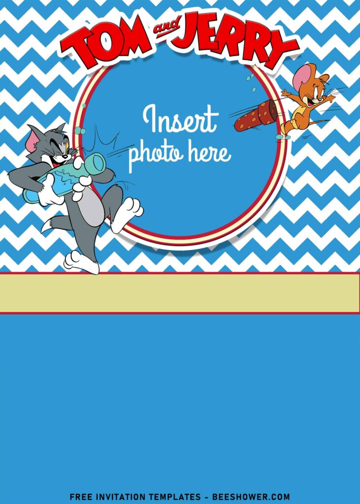 10+ The Naughty Cute Tom And Jerry Birthday Invitation Templates with charming blue chevron pattern background