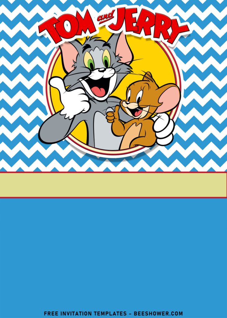 10+ The Naughty Cute Tom And Jerry Birthday Invitation Templates with white and blue background