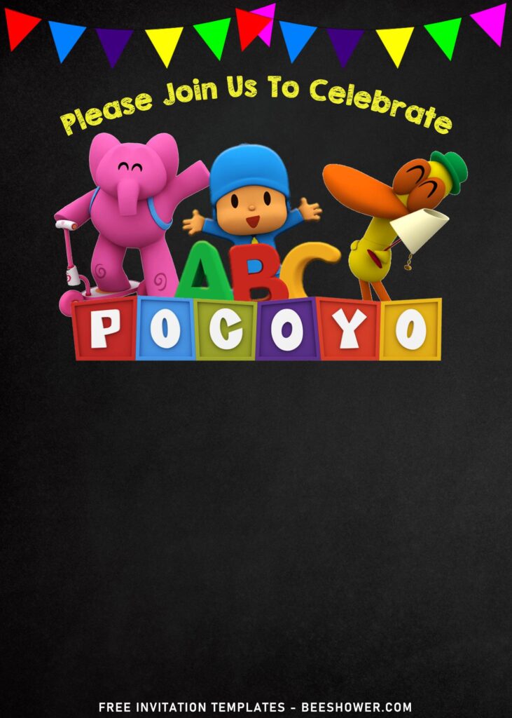 11+ Festive Chalkboard Pocoyo Kids Birthday Invitation Templates with adorable Pink Baby Elephant Elly