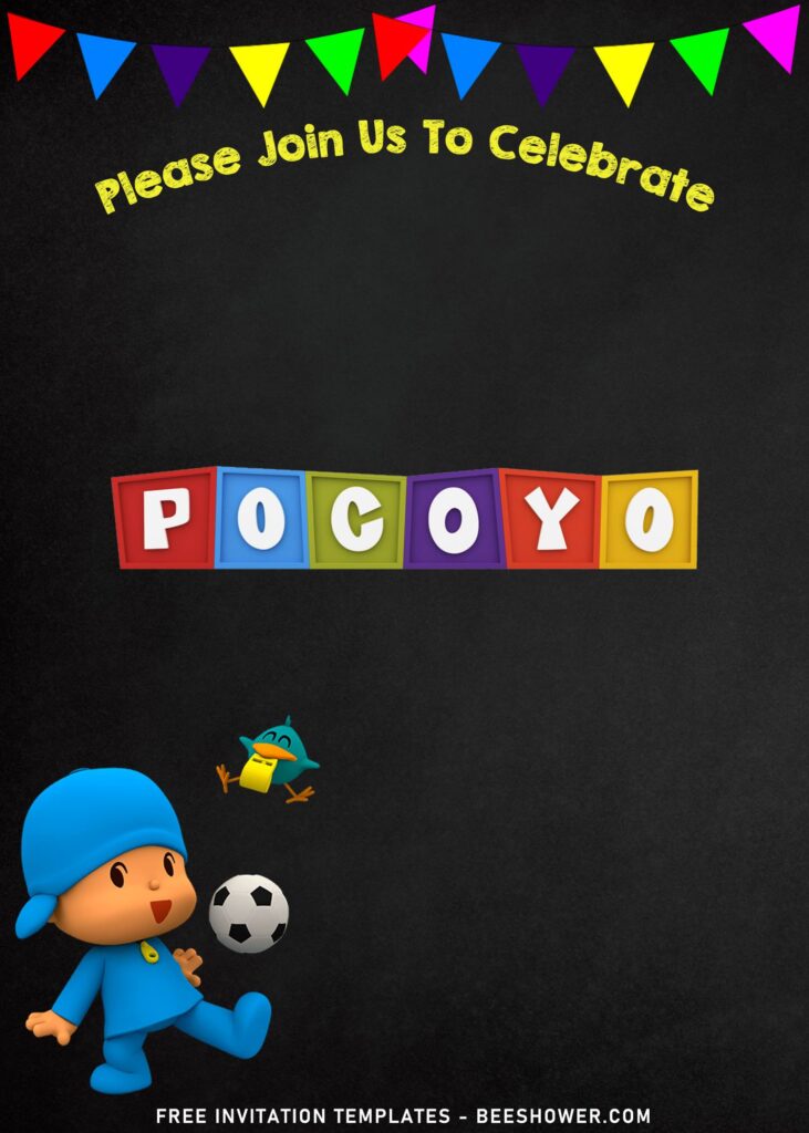 11+ Festive Chalkboard Pocoyo Kids Birthday Invitation Templates with Pocoyo play football or soccer