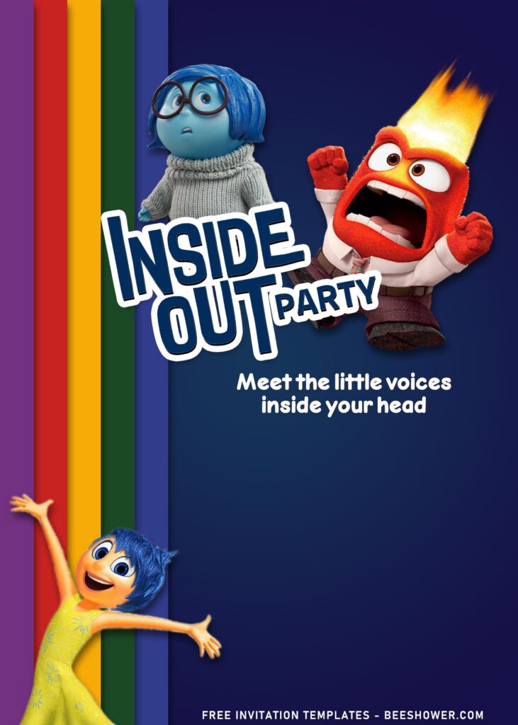7+ Joyful Inside Out Themed Kids Birthday Invitation Templates with cute Rainbow stripes and dark navy background