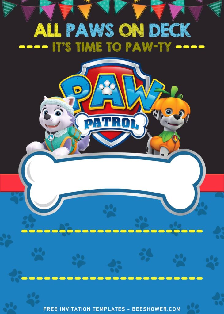 7+ Adorable Chalkboard Paw Patrol Chase And Friends Invitation Templates with cute little Marshal the Dalmatian dog in pumpkin costume 