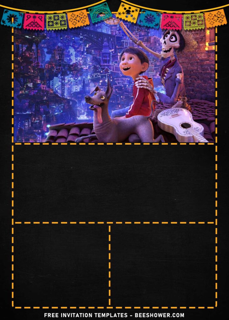 7+ Lovable Disney Pixar Coco Birthday Invitation Templates with Chalkboard background