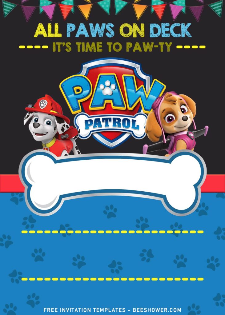 7+ Adorable Chalkboard Paw Patrol Chase And Friends Invitation Templates with Marshall in Firefighter outfit and wearing safety red helmet