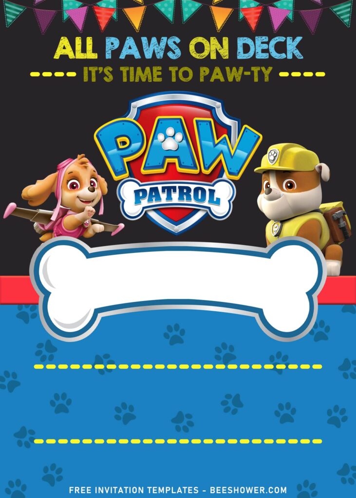 7+ Adorable Chalkboard Paw Patrol Chase And Friends Invitation Templates with flying Skye and Rubble is wearing Construction helmet