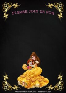 8+ Beautiful Princess Belle Themed Girls Birthday Invitation Templates with Gold border and chalkboard background