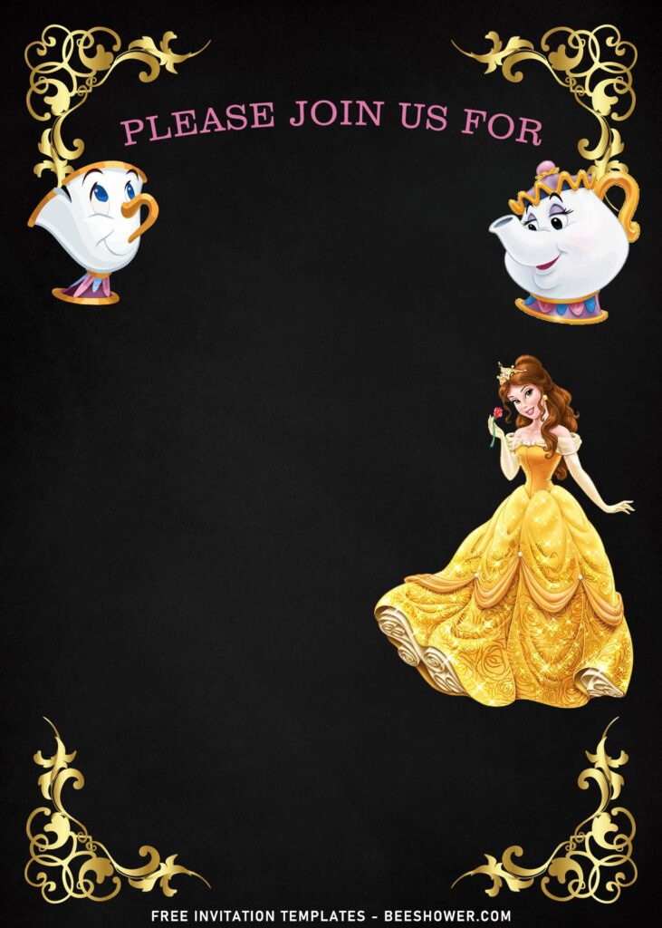 8+ Beautiful Princess Belle Themed Girls Birthday Invitation Templates with Mrs. Potts and Chip