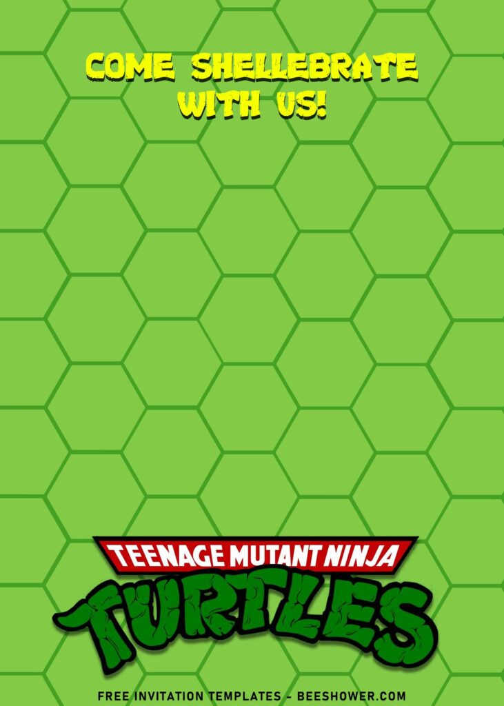8+ Fun TMNT Ninja Turtle Shellebration Birthday Invitation Templates with cute green hexagon turtle shell background