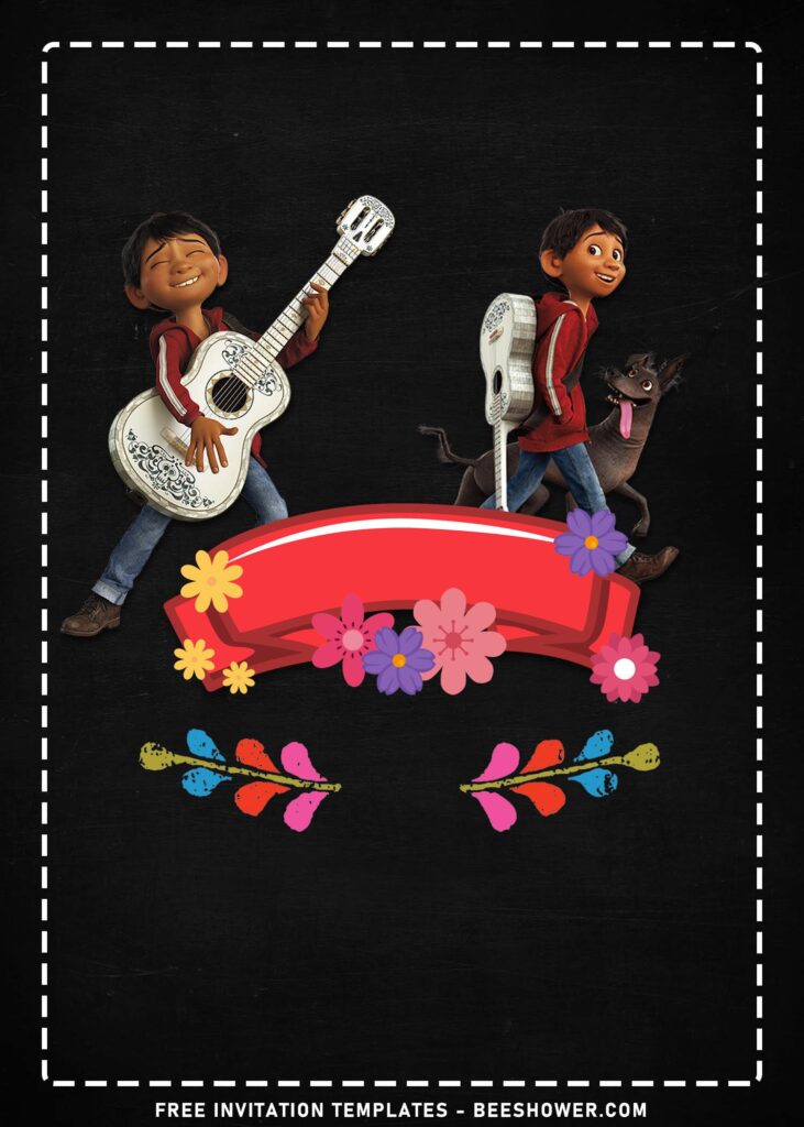 8+ Delighted Festive Coco Movie Birthday Invitation Templates with Cute Miguel's playing guitar