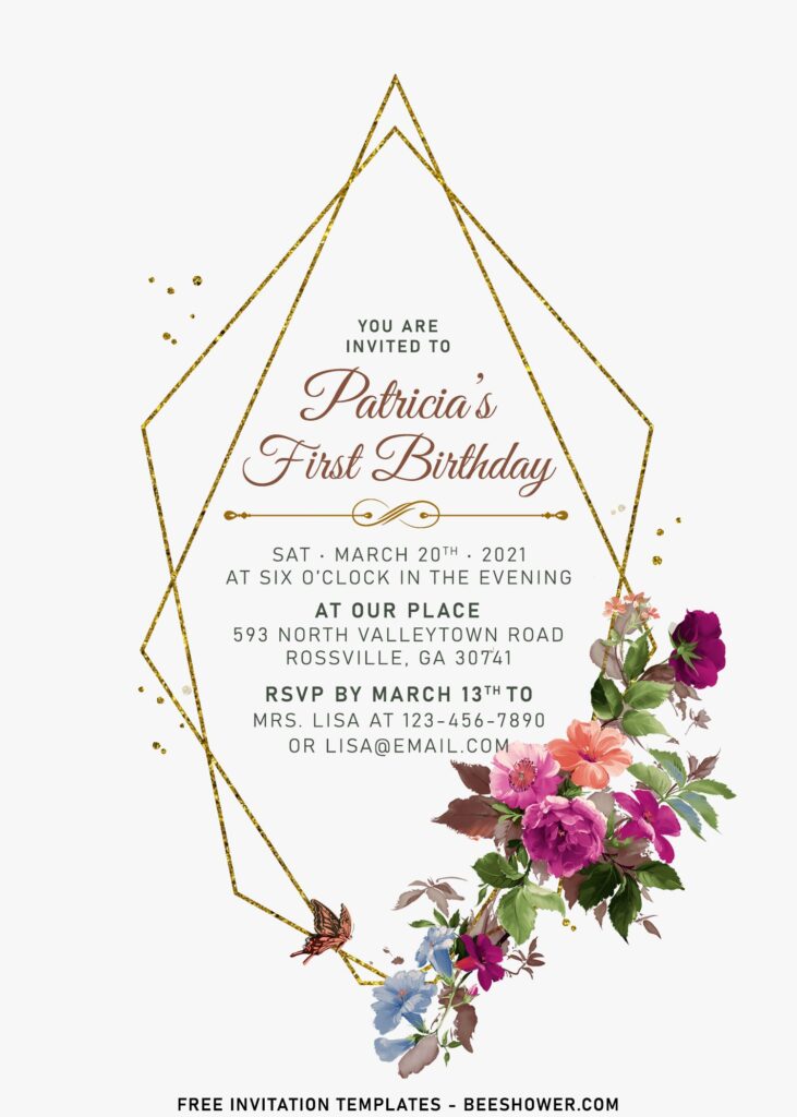11+ Delicate Flowers Invitation Templates With Gleaming Glitter Gold Frame 