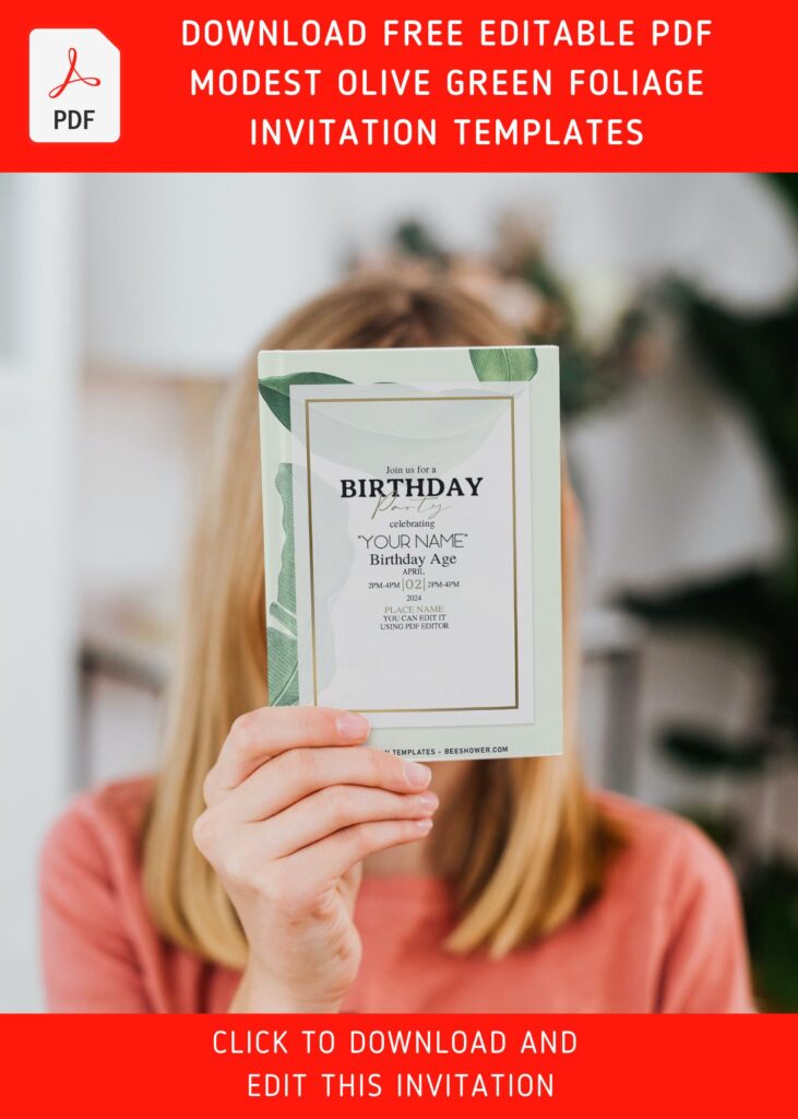 (Free Editable PDF) Simple Olive Green Foliage Birthday Invitation Templates with 