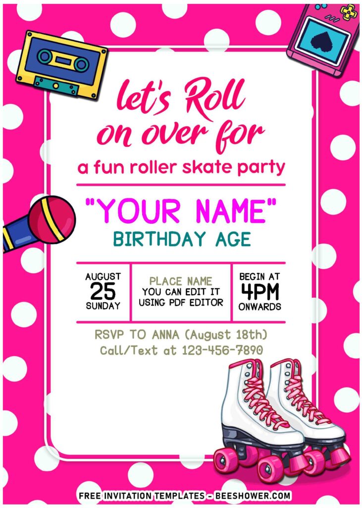 (Free Editable PDF) Cute Roller Skate Disco Birthday Invitation Templates with cute polka dot background