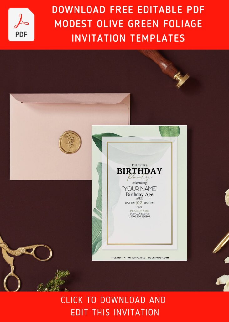 (Free Editable PDF) Simple Olive Green Foliage Birthday Invitation Templates with 