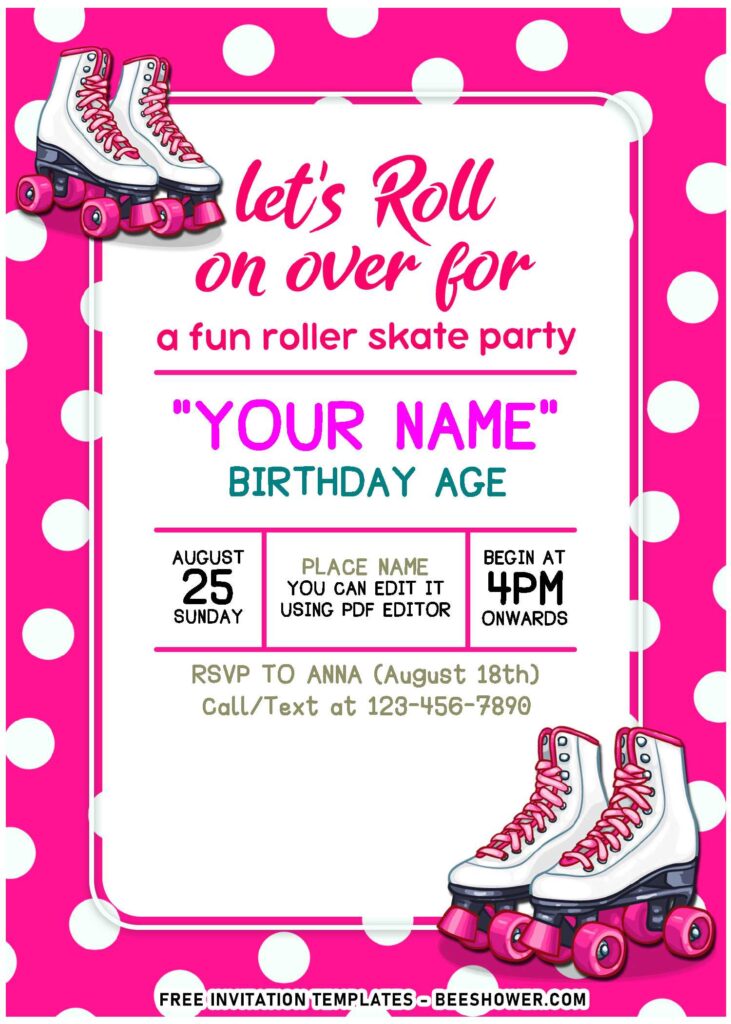 (Free Editable PDF) Cute Roller Skate Disco Birthday Invitation Templates with pink background