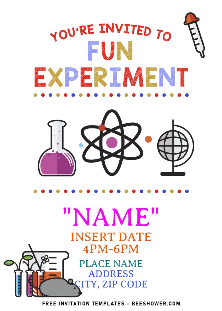 (Free Editable PDF) Simple Colorful Mad Science Birthday Invitation Templates with white background