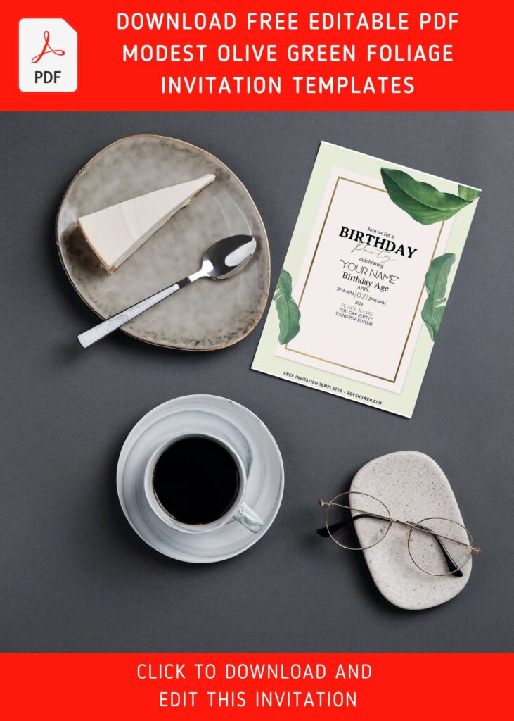 (Free Editable PDF) Simple Olive Green Foliage Birthday Invitation Templates with greenery leaves